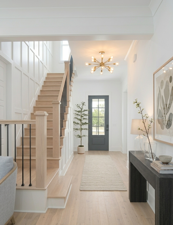 Bright entry with white walls, white oak stair, runner, and modern lighting