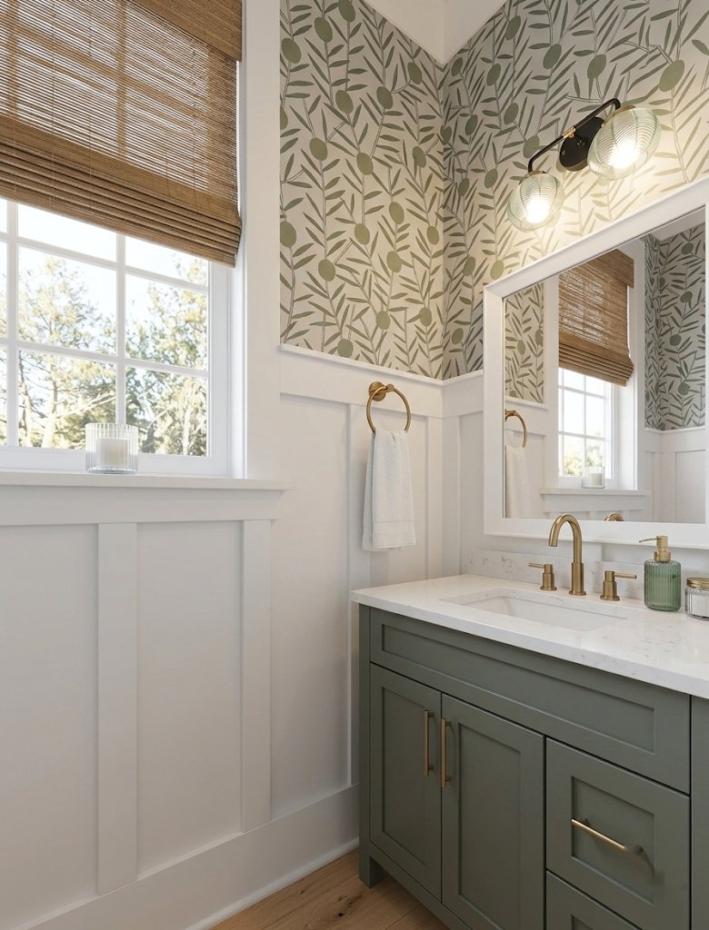 Powder room with green vanity, brass hardware, wallpaper, and woven shade
