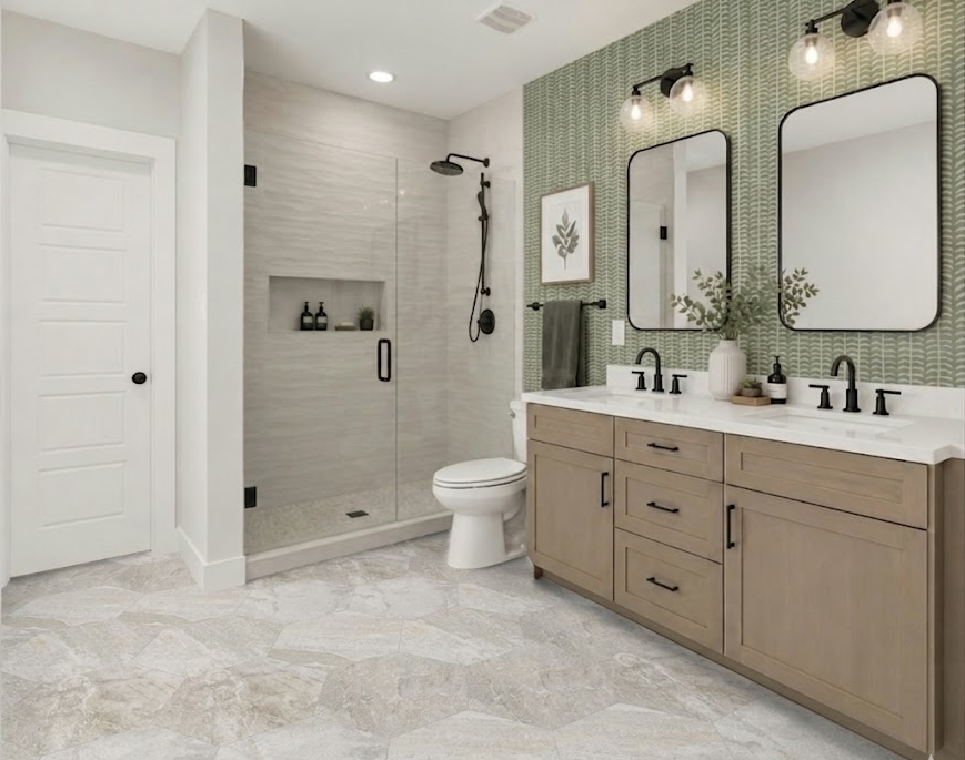 Neutral primary bathroom with light wood vanity, green wallpaper, and glass shower